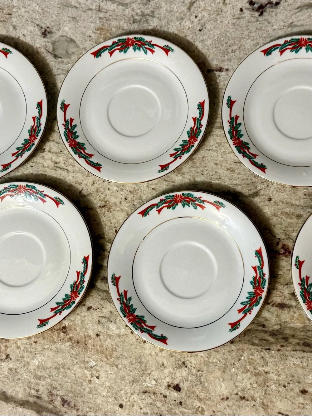 Vintage Christmas Poinsettia Ribbons fine china tea set 8 cups & 7 saucers